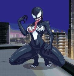 1girl alien animated animated_gif bouncing_breasts breasts cameltoe city cityscape genderswap long_tongue marvel night pixel_art rooftop saliva she-venom spider-man_(series) squatting tongue tongue_out venom_(marvel) waifu_pixel_art