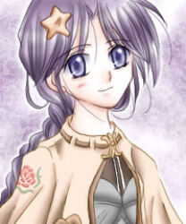 Rule 34 | 1girl, 2000s (style), blush, brown capelet, capelet, chest guard, closed mouth, commentary request, dated commentary, floral print, hair ornament, long hair, looking at viewer, lowres, purple background, purple eyes, purple hair, ragnarok online, rose print, sharari, smile, solo, star (symbol), star hair ornament, swordsman (ragnarok online), upper body