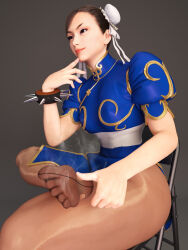 1girl 3d brown_eyes capcom chinese_clothes chun-li covered_erect_nipples double_bun feet hair_bun highres koupantyhose long_hair pantyhose parted_lips smile soles steam street_fighter toes