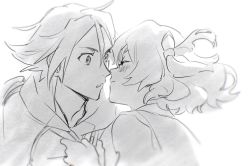 1boy 1girl blush closed_eyes commentary freyja_wion greyscale hair_between_eyes hair_ribbon hayate_immelmann hetero highres hood hoodie imminent_kiss macross macross_delta monochrome mosako parted_lips ribbon short_hair short_sidetail sketch symbol-only_commentary white_background
