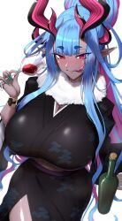 Rule 34 | 1girl, absurdres, alcohol, black kimono, blue hair, bottle, breasts, cleavage cutout, clothing cutout, colored skin, cup, dark-skinned female, dark skin, drinking glass, drunk, fate/grand order, fate (series), fur scarf, grey skin, hair up, highres, hikimayu, horns, huge breasts, ibuki douji (fate), japanese clothes, kimono, licking lips, looking at viewer, multicolored hair, multiple horns, new year, oni, pink hair, pink horns, pointy ears, red eyes, red wine, shiroshisu, sitting, solo, thick eyebrows, thighs, tongue, tongue out, white background, wine, wine bottle, wine glass