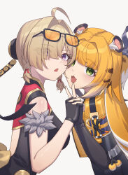 Rule 34 | 2girls, absurdres, animal print, black dress, blonde hair, braid, bun cover, dress, eyewear on head, fingerless gloves, gloves, green eyes, hair over one eye, highres, holding hands, ju fufu, long hair, looking at viewer, multiple girls, orange-tinted eyewear, orange hair, purple eyes, shixi, simple background, sleeveless, sleeveless dress, sunglasses, sweety (zenless zone zero), tiger print, tinted eyewear, v, white background, zenless zone zero