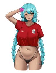 1girl :d absurdres arm_tattoo arm_up arms_behind_head bikini blue_eyes blue_hair blush braid breasts collarbone cropped_legs cropped_shirt double-parted_bangs flower flower_tattoo gluteal_fold groin hair_flower hair_ornament hatsune_miku highleg highleg_bikini highres large_breasts leg_tattoo long_hair looking_at_viewer navel navel_piercing one_eye_closed open_mouth panama piercing pink_flower red_shirt reebok shirt shirt_overhang short_sleeves side-tie_bikini_bottom signature simple_background smile solo stomach swimsuit tattoo teeth twin_braids twintails upper_teeth_only very_long_hair vocaloid white_background worldwide_miku yukaraishin