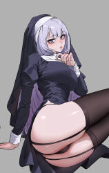 1girl ass black_panties black_thighhighs blunt_bangs blush breasts garter_straps grey_background highres joonibell large_breasts long_hair looking_at_viewer nose_blush nun original panties purple_eyes purple_hair side_slit simple_background solo thighhighs thighs underwear wimple