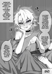Rule 34 | 2boys, absurdres, ahoge, black choker, blanket, blush, bulge, choker, collarbone, ear blush, ear piercing, english text, erection, greyscale, hand on own cheek, hand on own face, hashite a, heart, heart-shaped pupils, highres, inktober, large bulge, looking at viewer, lying, male focus, monochrome, multiple boys, on back, original, parted bangs, piercing, pointing at crotch, precum, saliva, single bare shoulder, solo focus, speech bubble, symbol-shaped pupils, teasing, thick eyelashes, tongue, tongue out, translation request, trap, wet dream, yaoi