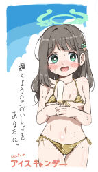1girl airi_(blue_archive) bare_arms bare_shoulders bikini blue_archive blue_sky blush breasts brown_bikini brown_hair collarbone cowboy_shot food green_eyes halo highres holding holding_food long_hair nose_blush one_side_up open_mouth popsicle side-tie_bikini_bottom sky small_breasts solo sweat swimsuit thigh_gap translation_request unadon_(unadoom)