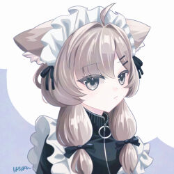 Rule 34 | 1girl, ahoge, animal ear fluff, animal ears, apron, black bow, black jacket, black ribbon, blush, bow, brown hair, cat ears, closed mouth, cropped torso, frilled apron, frills, grey eyes, grey hair, hair bow, hair intakes, hair ornament, hair over shoulder, hairclip, jacket, long hair, looking at viewer, low twintails, mafuyu (vrchat), maid, maid apron, maid headdress, ribbon, signature, simple background, solo, twintails, two-tone background, unconventional maid, upper body, user gxww5875, vrchat, white apron, white background