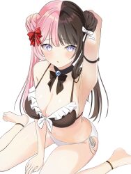 1girl absurdres anklet armpits between_legs bikini blue_eyes blue_gemstone bow breasts brown_hair choker cleavage double_bun frilled_bikini_top front-tie_top gem hair_bow hair_bun hand_between_legs highres jewelry large_breasts looking_at_viewer mea_mememea multicolored_hair parted_lips pink_hair side-tie_bikini_bottom simple_background sitting solo split-color_hair swimsuit tachibana_hinano twintails two-tone_hair virtual_youtuber vspo! wariza white_background