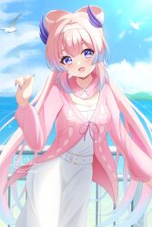 1girl blue_hair blue_nails blue_sky blush bow-shaped_hair breasts cardigan cloud colored_tips commentary_request day dress fingernails genshin_impact hair_between_eyes hand_up highres hyakuya_iori long_hair long_sleeves medium_breasts multicolored_hair nail_polish official_alternate_costume open_mouth outdoors pink_cardigan pink_hair purple_eyes sangonomiya_kokomi sangonomiya_kokomi_(xiaohongshu) signature simple_bird sky solo twitter_username white_dress