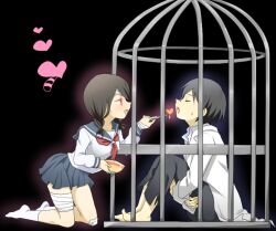 1boy 1girl ainya02 bandage_on_thigh bandaged_head bandages barefoot black_background black_hair black_pants blue_skirt bowl braid cage closed_eyes commentary_request feeding from_side full_body glasses heart in_cage itoshiki_mikoto kobushi_abiru lab_coat light_blush neckerchief no_shoes open_mouth outer_glow pants pleated_skirt red_eyes red_neckerchief sailor_collar sayonara_zetsubou_sensei school_uniform serafuku simple_background sitting skirt smile socks sweatdrop twin_braids white_socks