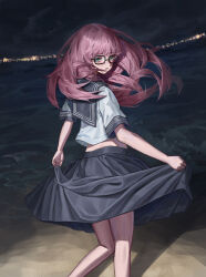 1girl absurdres bang_dream! bang_dream!_it&#039;s_mygo!!!!! beach blush chihaya_anon dress glasses grey_eyes highres long_hair ocean pink_hair sayi school_uniform serafuku