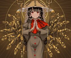 1girl ajirogasa aoiueo12 black_hair bodhisattva braid brown_background brown_hat closed_mouth clothes_writing commentary dress earrings grey_dress hat jewelry long_earlobes long_hair looking_at_viewer own_hands_clasped own_hands_together red_eyes smile solo staff standing touhou twin_braids yatadera_narumi