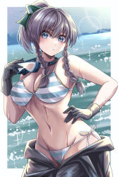 absurdres alternate_costume alternate_hairstyle armpits bikini blue_eyes braid breasts cleavage gloves grey_hair happy_ginko highres izayoi_sakuya izayoi_sakuya_(perfect_and_elegant_beach_hunter) looking_at_viewer midriff navel ocean outdoors ponytail swimsuit touhou touhou_lostword twin_braids undressing wet