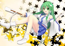 Rule 34 | 1girl, :d, bare shoulders, between fingers, blue skirt, breasts, clip studio paint (medium), collared shirt, detached sleeves, dot nose, double-parted bangs, frog hair ornament, gohei, green eyes, green hair, hair ornament, hair tubes, holding, holding gohei, huuyu 1z, kochiya sanae, large breasts, long hair, long sleeves, midriff, ofuda, ofuda between fingers, open mouth, patterned clothing, print skirt, shirt, single hair tube, single sidelock, sitting, skirt, skirt set, sleeve bow, sleeveless, sleeveless shirt, smile, snake hair ornament, socks, solo, star (symbol), star symbol background, teeth, touhou, upper teeth only, white socks, wide sleeves, wing collar