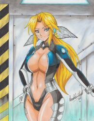 1girl 2022 absurdres blonde_hair blue_eyes bodysuit breasts cleavage clothing_cutout dead_or_alive female_focus helena_douglas highres indoors large_breasts long_hair navel navel_cutout ponytail ravernclouk_design signature solo
