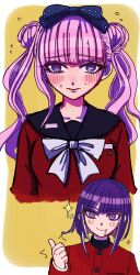 black_bow blush bow brother_and_sister closed_mouth drooling eyelashes hair_bow highres long_sleeves matching_hair/eyes pink_eyes pink_hair purple_hair siblings simple_background smile the_hundred_line_-last_defense_academy- thumbs_up tsukumo_ima tsukumo_kako twins twintails upper_body white_background yellow_background