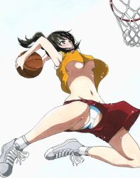 Rule 34 | 10s, 1girl, ball, basketball, basketball (object), basketball hoop, black hair, body switch, breasts, commentary request, female focus, grey shoes, jumping, kimi no na wa., lostunicorn, marker (medium), medium breasts, miyamizu mitsuha, navel, no bra, panties, pantyshot, personality switch, ponytail, red shorts, shoes, shorts, slam dunk (basketball), sneakers, solo, traditional media, underboob, underwear, upshorts, white panties