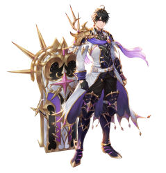 1boy absurdres ahoge armor armored_boots black_gloves black_hair black_pants black_shirt boots coat commentary crow_(king&#039;s_raid) english_commentary frown full_body gauntlets gloves gold_trim highres king&#039;s_raid lagna leg_armor official_alternate_costume official_art pants pink_eyes purple_boots purple_coat purple_sleeve_cuffs shirt short_hair shoulder_armor simple_background single_gauntlet single_glove solo two-sided_coat two-sided_fabric weapon white_background white_coat
