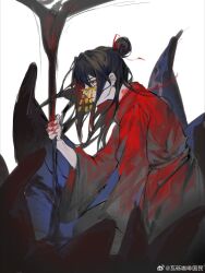 Rule 34 | 1boy, black hair, black liquid, blood, blood on clothes, blood on hands, blood on neck, chinese clothes, chinese commentary, coin, coin mask, covered mouth, dao gui yi xian, dripping, floating hair, from side, hair bun, hair ribbon, hand up, hanfu, highres, holed coin, kneeling, li huowang, liu ying de ji jia ang yang, long hair, long sleeves, looking down, male focus, mask, melting, mouth veil, profile, red eyes, red hanfu, red ribbon, ribbon, robe, rock, simple background, single hair bun, solo, upper body, veil, watermark, weibo watermark, white background, wide sleeves