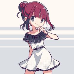 1girl arm_behind_back belt black_belt black_dress black_eyes blunt_bangs bracelet closed_mouth collarbone commentary_request contrapposto cow dress frilled_dress frilled_shirt_collar frills grey_background hair_bun halftone hand_on_own_chin hand_up jewelry looking_at_viewer low-cut lowres original rakuni red_hair sidelocks simple_background single_hair_bun smile solo white_background white_dress