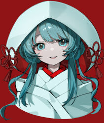 Rule 34 | 1girl, absurdres, aqua eyes, aqua hair, artist name, commentary, cropped torso, dot nose, hatsune miku, highres, hood, hood up, japanese clothes, kimono, light smile, lipstick, long hair, makeup, myuga66666, parted lips, red background, shiromuku, sidelocks, solo, tassel, uchikake, upper body, vocaloid, white kimono, yuki miku, yuki miku (2013)