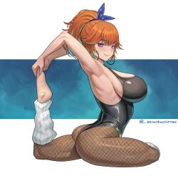 1girl absurdres armpits arms_up ass barefoot black_leotard bow_hairband breasts brown_pantyhose closed_mouth earrings feet fishnet_pantyhose fishnets flexible full_body hairband highres holding_own_foot hololive hololive_english hoop_earrings jewelry large_breasts leotard multicolored_hair official_alternate_color official_alternate_costume official_alternate_hairstyle orange_hair pantyhose pigeon_pose purple_eyes ribbed_socks seventeencrows side_ponytail smile socks solo streaked_hair stretching takanashi_kiara takanashi_kiara_(fever_night) thighs virtual_youtuber