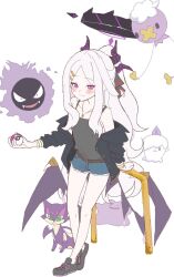 1girl ahoge black_halo blue_archive breasts crossover ditto drifloon full_body gastly gen_1_pokemon gen_4_pokemon gen_5_pokemon halo highres hina_(blue_archive) litwick long_hair looking_at_viewer nintendo pokemon pokemon_(creature) purple_eyes small_breasts solo taosabi82 white_hair