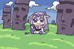 bing_huyue blush_stickers chibi cloud crystal dress easter_island eating grasslands grey_hair highres hololive hololive_english koseki_bijou koseki_bijou_(1st_costume) long_hair moai purple_eyes purple_footwear purple_hair rock scenery simple_background sitting statue strapless strapless_dress tiara virtual_youtuber