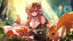1girl absurdres animal_ear_fluff animal_ears antlers artist_name black_choker blue_eyes blush braid breasts brown_hair bug butterfly choker collarbone commission crescent crescent_necklace deer deer_antlers deer_ears deer_girl earrings floral_print flower forest freckles hair_flower hair_ornament heterochromia highres horns indie_virtual_youtuber insect jewelry kouko_elaini ladybug large_breasts long_hair mushroom nature necklace open_mouth orange_butterfly pink_flower pink_rose purple_eyes rabbit rose rose_print skeb_commission solo star_(symbol) star_hair_ornament torn_clothes twin_braids twitter_username virtual_youtuber weiic