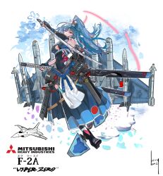 1girl absurdres aircraft airplane blue_hair fighter_jet full_body high_ponytail highres holding holding_weapon japanese_clothes katana kerry_leng looking_at_viewer mecha mecha_musume military_vehicle missile mitsubishi_heavy_industries original personification ponytail red_eyes robot signature sword war_thunder weapon