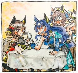 4girls :o animal_ears arm_wrestling blue_hair blue_ribbon blush braid braided_hair_rings brown_hair chair cheval_grand_(umamusume) clenched_teeth commentary_request cup detached_collar drinking ear_covers elbow_on_table gentildonna_(umamusume) gloves hair_between_eyes hair_ribbon hair_rings hat hat_belt highres holding holding_cup horse_ears horse_girl long_hair morisshii_(morishiey) multiple_girls red_eyes ribbon siblings single_ear_cover sisters smile struggling table tablecloth teeth trembling umamusume v_sisters verxina_(umamusume) vivlos_(umamusume) white_gloves white_hat wrist_cuffs