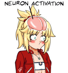 Rule 34 | 1girl, bandeau, blush, brain, commentary, constricted pupils, english commentary, fate/apocrypha, fate (series), flat chest, highres, jewelry, meme, mordred (fate), mordred (memories at trifas) (fate), necklace, neuron activation (meme), pendant, ponytail, red eyes, romulproduce, signature, solo, upper body, white bandeau