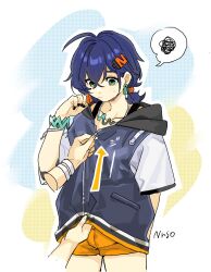 Rule 34 | 1girl, ahoge, arrow (symbol), belle (summer skies) (zenless zone zero), belle (zenless zone zero), black nails, blue hair, borrowed clothes, bracelet, crossed bangs, disembodied hand, earrings, green eyes, hair ornament, highres, jewelry, letter hair ornament, looking at hand, nrso24944, orange shorts, oversized clothes, oversized jacket, shorts, simple background, sweatdrop, zenless zone zero, zipper, zipping