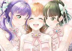 3girls :d ;) absurdres armpit_crease aurora_flower_(love_live!) bare_shoulders bead_hairband blunt_bangs blurry blurry_background blush breasts butterfly_hair_ornament cerise_bouquet cleavage closed_mouth collarbone commentary_request cross-laced_clothes cross-laced_top elbow_gloves facing_viewer gloves green_eyes green_hair hair_intakes hair_ornament highres hinoshita_kaho link!_like!_love_live! long_hair looking_at_another love_live! medium_hair momose_ginko multiple_girls neck_ribbon official_alternate_costume one_eye_closed open_mouth orange_hair otomune_kozue pink_ribbon pink_shirt ponytail purple_hair ribbon see-through_cleavage see-through_clothes shirt short_hair sidelocks sleeveless sleeveless_shirt smile souneko_123 teeth upper_body upper_teeth_only white_gloves