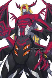 Rule 34 | 1boy, artist name, blonde hair, bright pupils, colored sclera, confeito000 333, cowboy shot, digimon, digimon (creature), extra eyes, highres, horns, long hair, multiple wings, orange sclera, red eyes, simple background, solo, venomvamdemon, white background, white pupils, wings