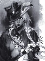 1girl argus_(reverse:1999) breasts cape cowboy_hat glowing glowing_eyes grey_background greyscale hat hat_over_one_eye highres long_braid looking_at_viewer medium_breasts monochrome nikolas_(nikolardon) no_bra one_eye_covered open_clothes open_shirt reverse:1999 solo upper_body
