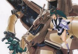 Rule 34 | 1980s (style), 1girl, alpha azieru, anno hideaki, artist collaboration, battle, char&#039;s counterattack, commentary, damaged, dress, english commentary, green hair, gundam, jegan, key visual, machinery, mecha, miniskirt, mobile armor, mobile suit, official art, oldschool, one-eyed, promotional art, quess paraya, retro artstyle, robot, sadamoto yoshiyuki, scan, science fiction, size difference, skirt, traditional media