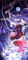 1girl absurdres bellflower blunt_bangs bow_(weapon) chinese_bellflower chinese_commentary closed_mouth colyba dragon drawing_bow eastern_dragon expressionless flower flower_necklace full_body full_moon hakama hakama_skirt highres holding holding_bow_(weapon) holding_weapon inuyasha japanese_clothes jewelry kikyou_(inuyasha) kimono long_hair long_sleeves looking_to_the_side low_ponytail miko moon necklace night outdoors ponytail purple_eyes purple_flower purple_hair red_hakama ribbon-trimmed_sleeves ribbon_trim ripples sandals shinidamachuu sidelocks skirt sky small_dragon socks solo spirit standing standing_on_liquid standing_on_one_leg star_(sky) starry_sky tabi torii very_long_hair watermark weapon weibo_watermark white_kimono white_socks wide_sleeves zouri