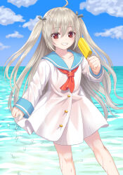 1girl ahoge atri atri-my_dear_moments- black_ribbon blue_sailor_collar blue_sky brown_hair cloud collarbone commentary_request day dress feet_out_of_frame food grin hair_between_eyes hair_ribbon highres holding holding_food holding_popsicle horizon ice_cream long_hair long_sleeves looking_at_viewer ocean outdoors popsicle red_eyes revision ribbon sailor_collar sailor_dress see-through_silhouette sky sleeves_past_wrists smile solo standing tukino_neru two_side_up very_long_hair water white_dress