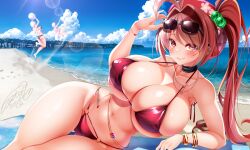 3girls adjusting_eyewear ahoge ass bare_arms bare_legs barefoot beach bikini black_bikini black_choker blue_sky bracelet breasts choker cleavage cloud collarbone covered_erect_nipples dated day eyewear_on_head gluteal_fold hair_bobbles hair_intakes hair_ornament huge_breasts innertube jewelry jotti jumping lens_flare long_hair lying multiple_girls on_side original outdoors ponytail red_bikini red_eyes red_hair short_hair sidelocks signature skindentation sky smile solo_focus sunglasses swim_ring swimsuit thighs underboob white_hair