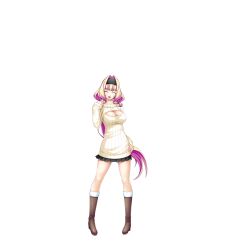 1girl azarin_(kouyoku_senki_exs-tia) blonde_hair boots breasts cleavage cleavage_cutout closed_eyes clothing_cutout facing_viewer full_body game_cg hair_intakes hairband hand_on_own_hip highres inoino knee_boots kouyoku_senki_exs-tia large_breasts large_variant_set long_hair meme_attire miniskirt multicolored_hair non-web_source official_art open-chest_sweater open_mouth pink_hair pleated_skirt purple_hair ribbed_sweater skirt smile solo sweater transparent_background turtleneck two-tone_hair variant_set very_long_hair