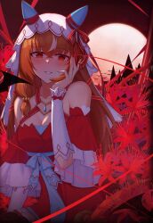 1girl animal_ears breasts brown_hair cleavage closed_mouth collarbone commentary_request detached_sleeves fingernails flower full_moon hand_on_own_face highres horse_ears horse_girl koureikyou_kou looking_at_viewer moon red_eyes small_breasts solo still_in_love_(umamusume) string string_of_fate thighhighs umamusume veil vest