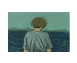 1boy brown_hair commentary_request facing_away from_behind futsuu_no_keion-bu highres male_focus ocean outdoors painterly shirt short_hair short_sleeves solo takami_kouki upper_body white_shirt zz_5mm