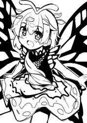 1girl antennae blush butterfly_wings dress eternity_larva fairy greyscale hair_between_eyes insect_wings leaf leaf_on_head monochrome multicolored_dress one-hour_drawing_challenge open_mouth ryuu_(multitask) short_hair simple_background single_strap smile solo touhou white_background wings