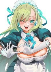 1girl apron asuna_(blue_archive) blonde_hair blue_archive bow bowtie breasts cleaning_&amp;_clearing_(blue_archive) dress eric_ueda gloves large_breasts maid maid_apron maid_headdress mole mole_on_breast one_eye_closed puffy_short_sleeves puffy_sleeves short_sleeves solo white_gloves