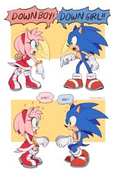 1boy 1girl amy_rose animal_ears animal_nose blue_fur blush boots bracelet closed_mouth dress full_body furry furry_female furry_male gloves gold_bracelet green_eyes hairband hedgehog_girl highres jewelry kiioki11 open_mouth pink_fur pink_hair red_dress red_hairband shoes short_tail smile sonic_(series) sonic_the_hedgehog speech_bubble standing tail white_gloves