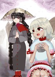 Rule 34 | 2girls, absurdres, black hair, blush, braid, breasts, brown eyes, collar, commentary, dress, ebisu eika, facing another, flat chest, frills, grey dress, hat, highres, holding, holding rock, idomizu oishi, knees, looking at another, multiple girls, own hands together, red collar, red eyes, red socks, rock, shirt, skirt, slippers, small breasts, smile, socks, touhou, white hair, white shirt, white skirt, yatadera narumi