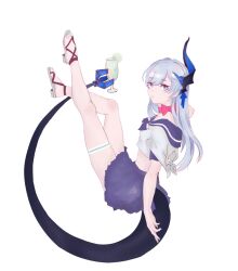 1girl bare_legs blue_eyes blue_hair closed_mouth cocktail drink food fruit holding holding_drink honkai_(series) honkai_impact_3rd horns lemon lemon_slice liliya_olenyeva long_hair looking_at_viewer midriff_peek neck_ribbon ribbon sailor sandals single_horn solo tail transparent_background