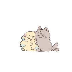 :3 ^_^ animal animal_focus animalization ao_kaeru blonde_hair blue_hair brown_hair cat closed_eyes closed_mouth dog fang flower fujishima_megumi gradient_hair hair_flower hair_ornament highres hug link!_like!_love_live! long_hair love_live! mira-cra_park! multicolored_hair no_humans open_mouth osawa_rurino parted_bangs pink_flower simple_background smile tail tail_wagging twintails two_side_up virtual_youtuber white_background
