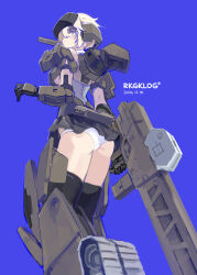 1girl absurdres adapted_turret armor armored_bodysuit armored_gloves armored_legwear ass bare_shoulders black_gloves black_thighhighs blonde_hair blue_eyes commentary_request dated frame_arms_girl gloves gourai green_armor headgear highres huanxiang_huifeng machinery mecha_musume panties pantyshot rigging short_hair solo standing thighhighs underwear white_panties